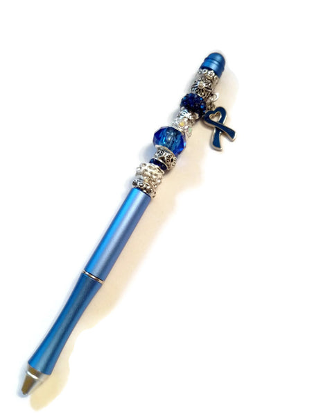 Blue Awareness Beaded Writing Pen - Ribbon Prostate Colon Cancer Men’s Health Pro Choice Awareness Thyroid Disease Spay/Neuter Pets Alopecia