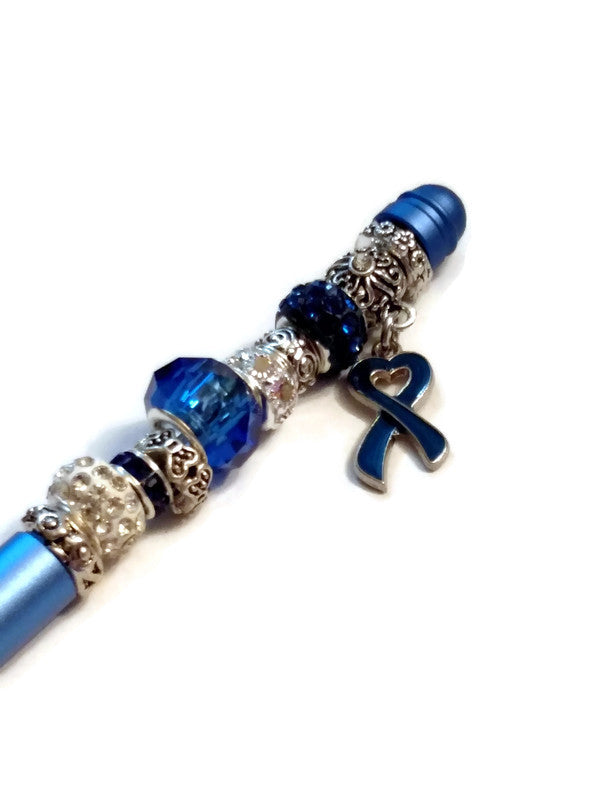 Blue Awareness Beaded Writing Pen - Ribbon Prostate Colon Cancer Men’s Health Pro Choice Awareness Thyroid Disease Spay/Neuter Pets Alopecia