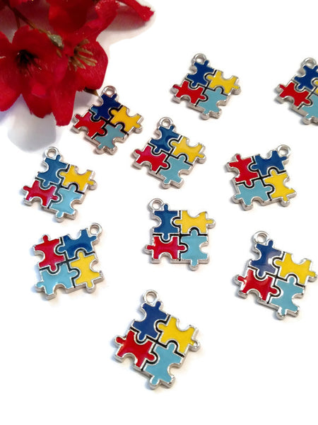 5 Pcs Autism Awareness Enamel Pendant Charms - Puzzle Inspirational Autistic Awareness Asperger's Spectrum Disorders Puzzle Piece Jewelry